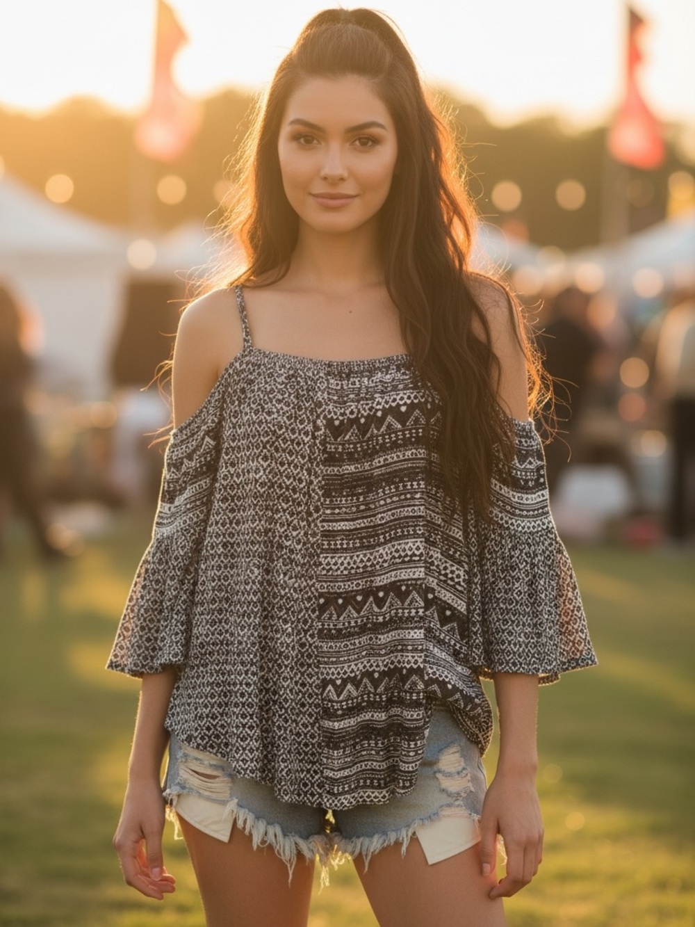 Anthropologie Boho Cold Shoulder Tunic Top Bell Sleeve Tribal Print